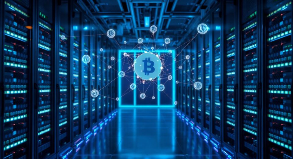 Abstract visualization of blockchain network nodes in a modern data center