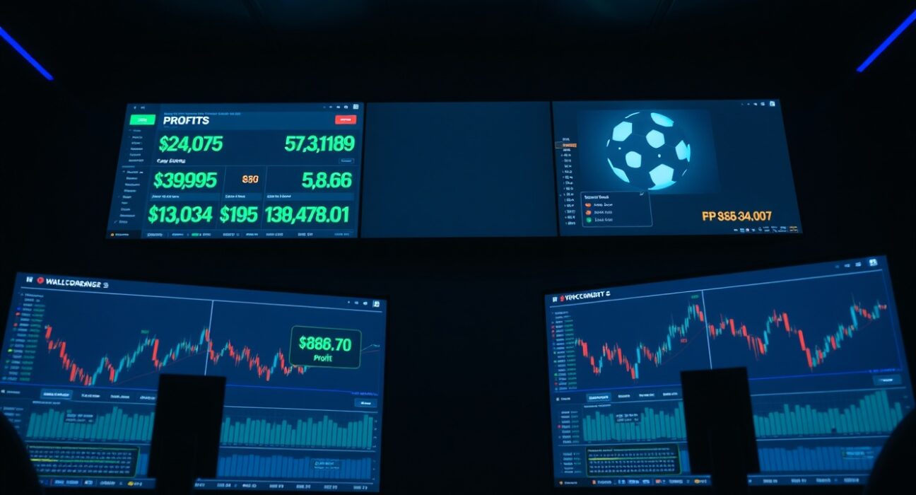 Three monitors showing crypto trading charts and a soccer ball icon in a dark room