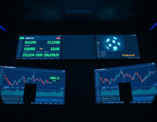 Three monitors showing crypto trading charts and a soccer ball icon in a dark room