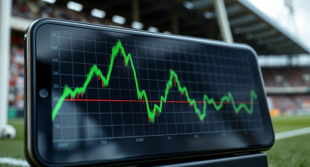 Smartphone displaying a crypto chart with a green upward trend and a blurred football stadium in the background.