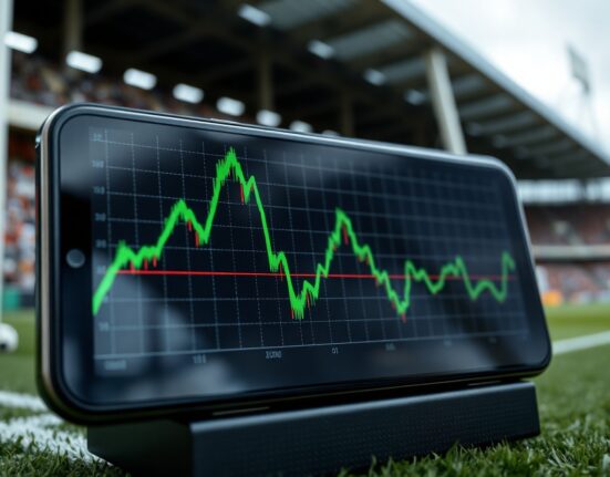 Smartphone displaying a crypto chart with a green upward trend and a blurred football stadium in the background.