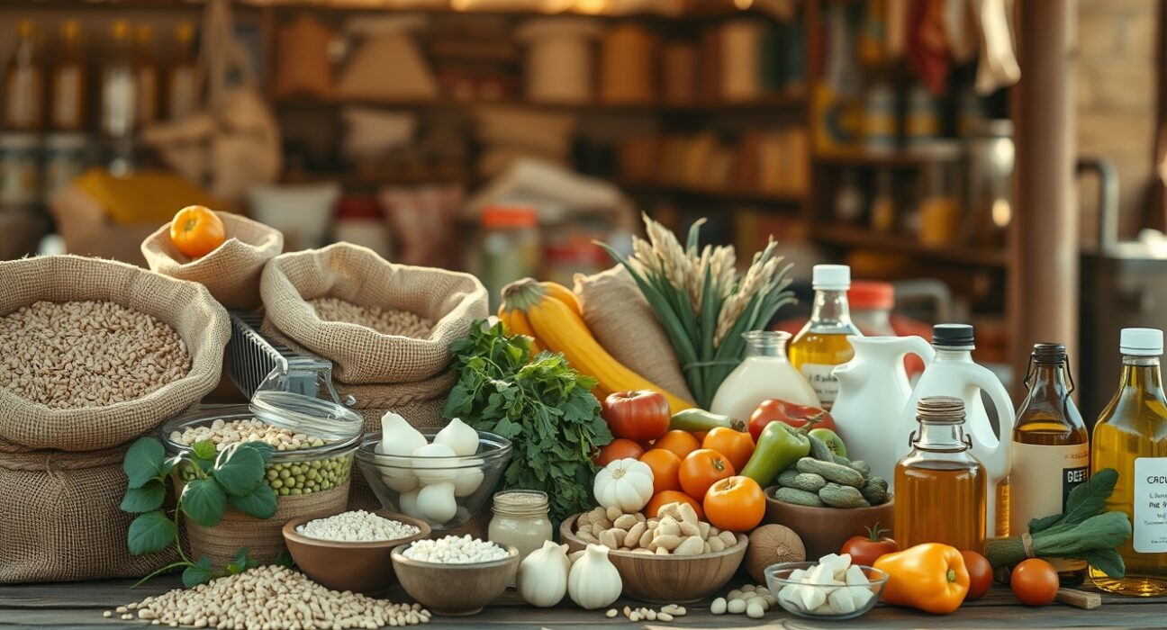 Market table with grains, vegetables, and dairy representing global food prices in November 2025