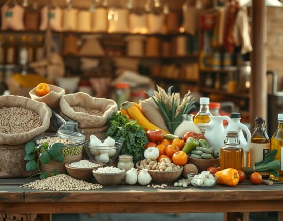 Market table with grains, vegetables, and dairy representing global food prices in November 2025