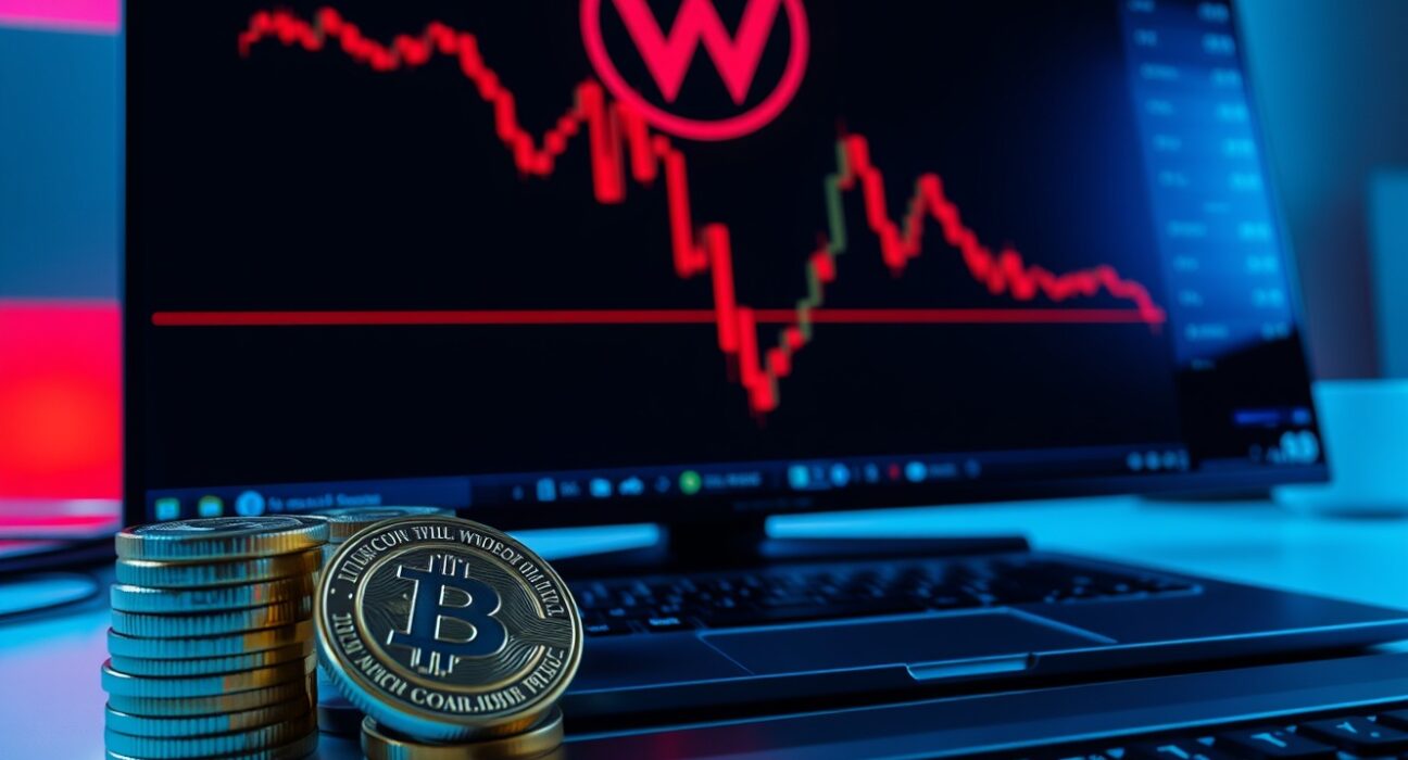Cryptocurrency trading chart showing a downward trend with USDC stablecoins and a Worldcoin logo, representing a large token sale.