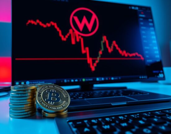 Cryptocurrency trading chart showing a downward trend with USDC stablecoins and a Worldcoin logo, representing a large token sale.