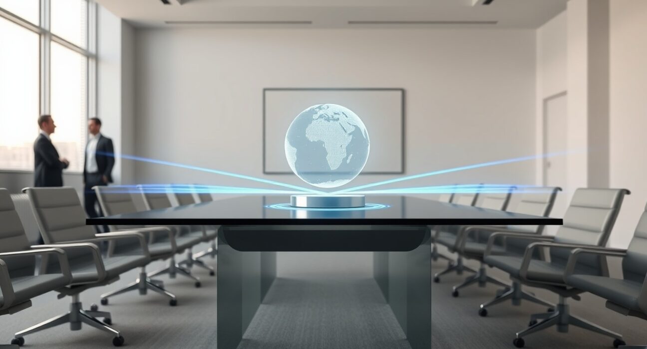 Digital globe hologram floating above a boardroom table representing World Foundation's identity technology