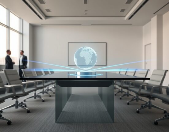 Digital globe hologram floating above a boardroom table representing World Foundation's identity technology