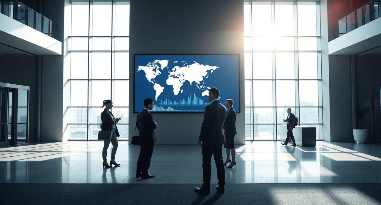 Modern office lobby with digital screen showing world map and financial data, representing World Foundation's token sale and World Network anniversary