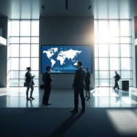 Modern office lobby with digital screen showing world map and financial data, representing World Foundation's token sale and World Network anniversary