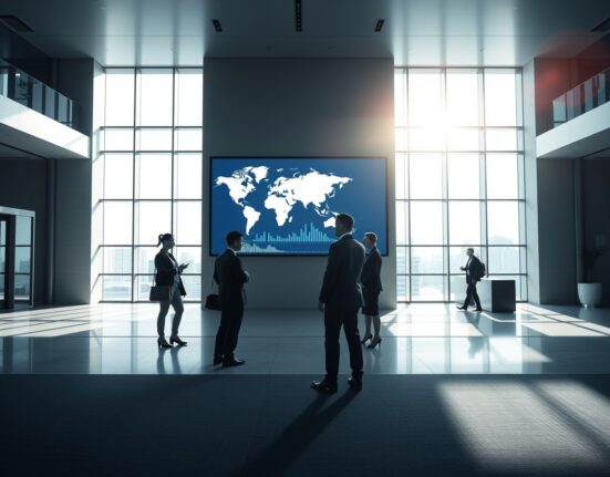 Modern office lobby with digital screen showing world map and financial data, representing World Foundation's token sale and World Network anniversary