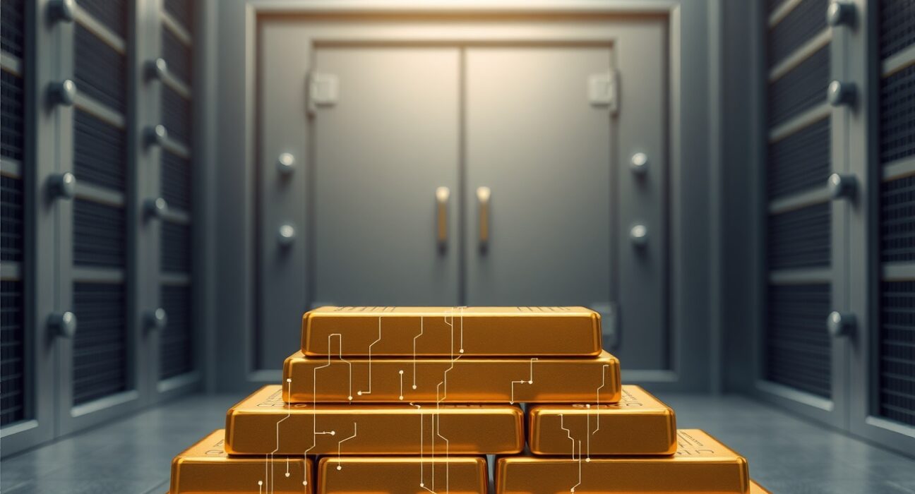 World Gold Council's tokenized gold framework visualized as digital gold bars in a secure vault.