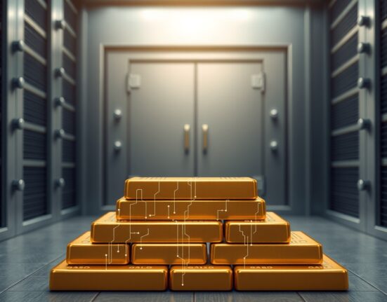 World Gold Council's tokenized gold framework visualized as digital gold bars in a secure vault.
