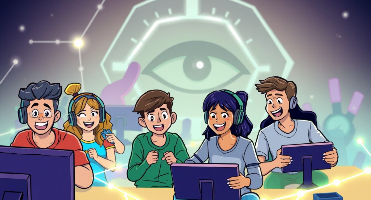 A cartoon illustration showing gamers connecting through World ID integration, signifying a new era of secure, verified online play.