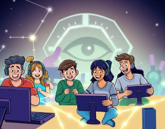 A cartoon illustration showing gamers connecting through World ID integration, signifying a new era of secure, verified online play.