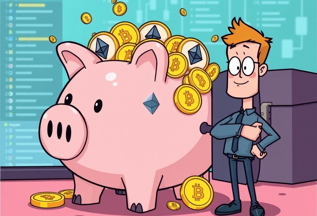 A cartoon illustration of a large ETH and WBTC crypto investment by World Liberty Finance, signaling significant institutional crypto adoption.