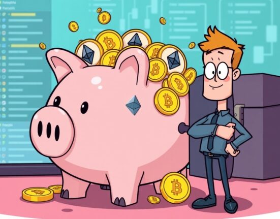 A cartoon illustration of a large ETH and WBTC crypto investment by World Liberty Finance, signaling significant institutional crypto adoption.