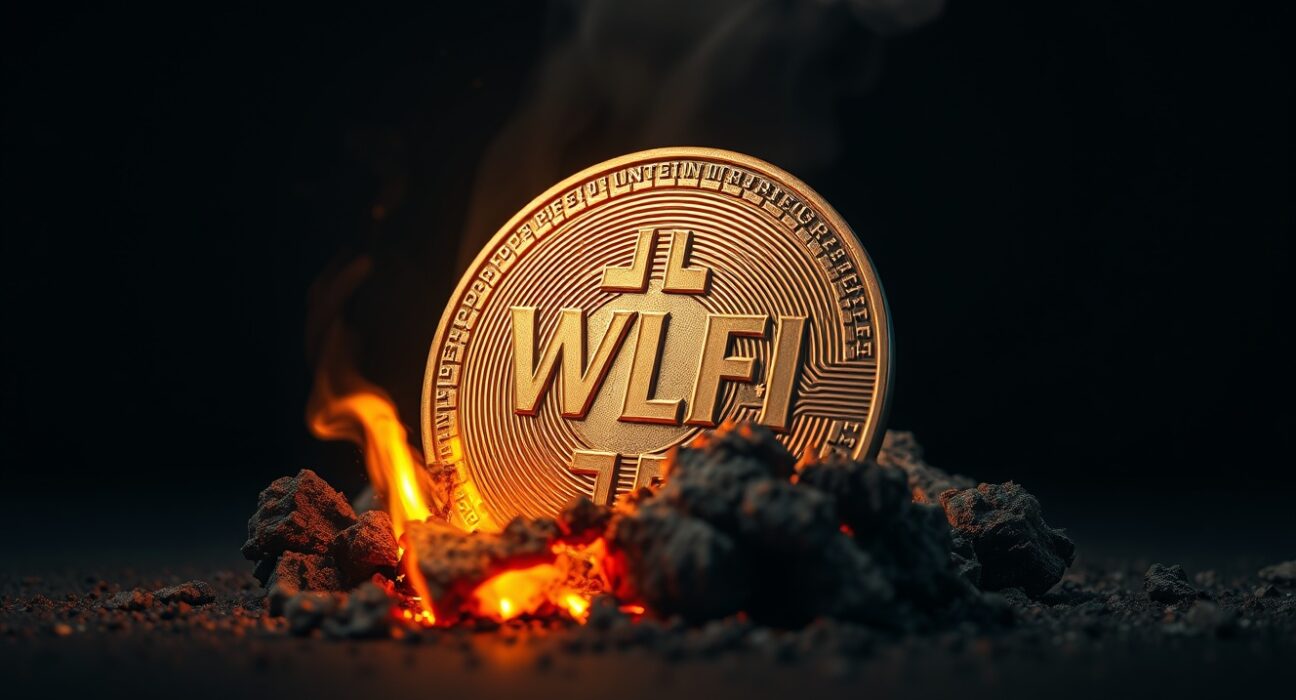 A glowing WLFI token burning into ash, representing the token burn by the World Liberty Financial team.