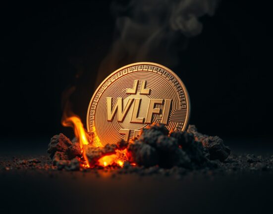 A glowing WLFI token burning into ash, representing the token burn by the World Liberty Financial team.