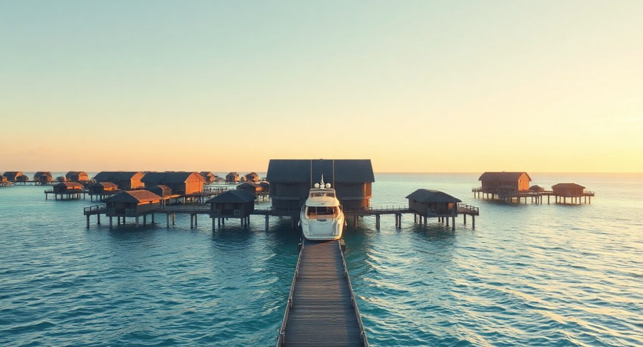 Aerial view of a luxury overwater resort in the Maldives with a yacht approaching, representing the delayed token launch.