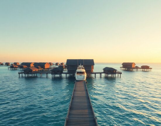 Aerial view of a luxury overwater resort in the Maldives with a yacht approaching, representing the delayed token launch.
