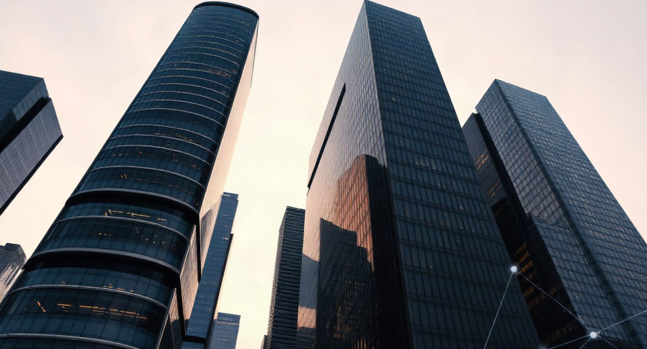 Skyline of a financial district with digital overlays representing blockchain and AI connections