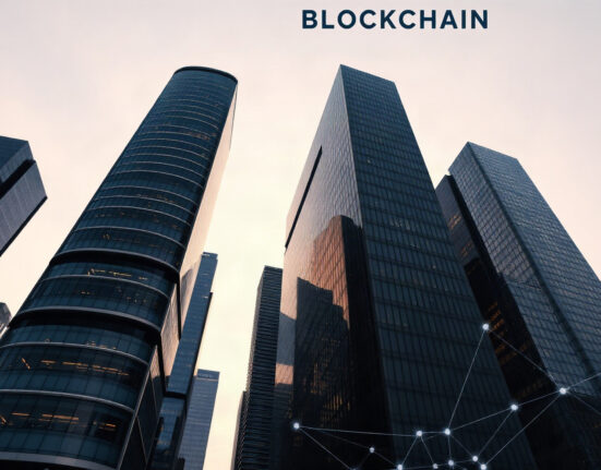 Skyline of a financial district with digital overlays representing blockchain and AI connections