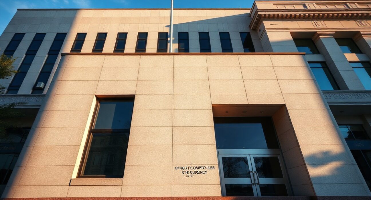 Exterior of a federal building in Washington, D.C., representing the OCC regulatory authority.