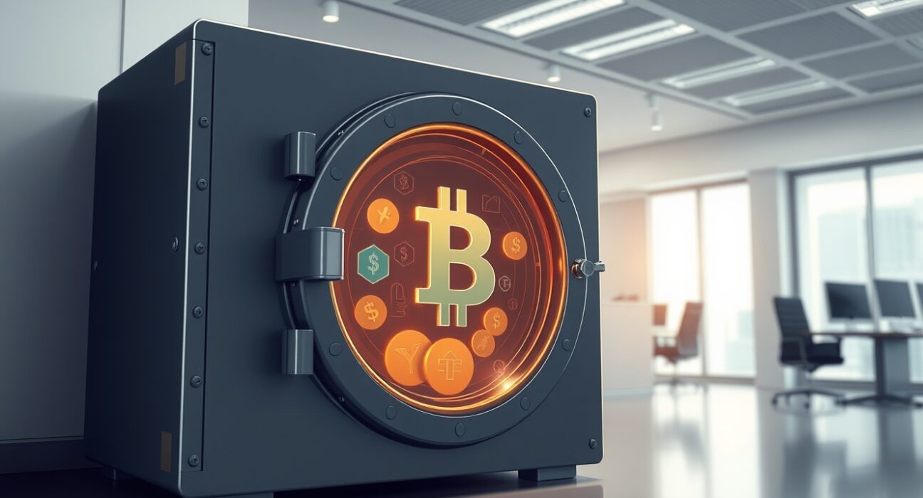 World Liberty Financial secure vault holding digital collateral, representing denied liquidation risk and tokenomics strategy.