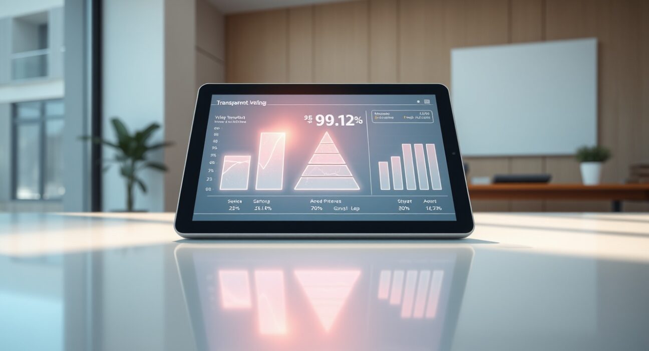 Digital tablet displaying World Liberty Financial's new staking governance system interface with voting data visualization.