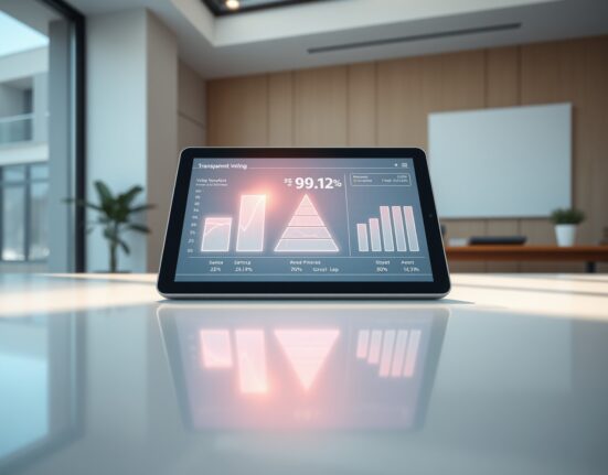 Digital tablet displaying World Liberty Financial's new staking governance system interface with voting data visualization.