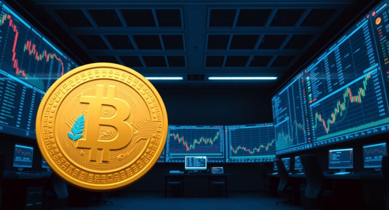 Digital WLFI token and trading charts on screens in a modern financial office