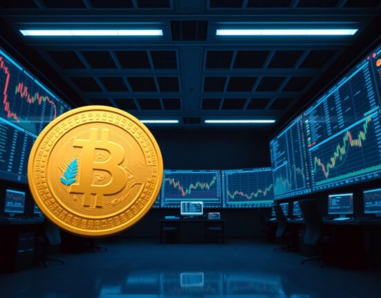 Digital WLFI token and trading charts on screens in a modern financial office