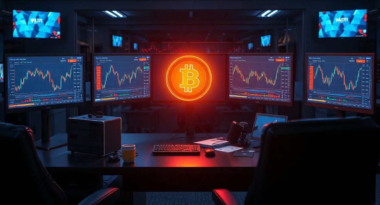 Cryptocurrency trading desk with monitors showing WLFI token charts and market data