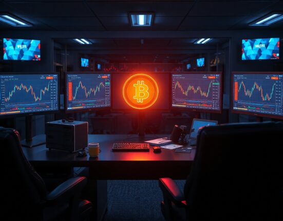 Cryptocurrency trading desk with monitors showing WLFI token charts and market data
