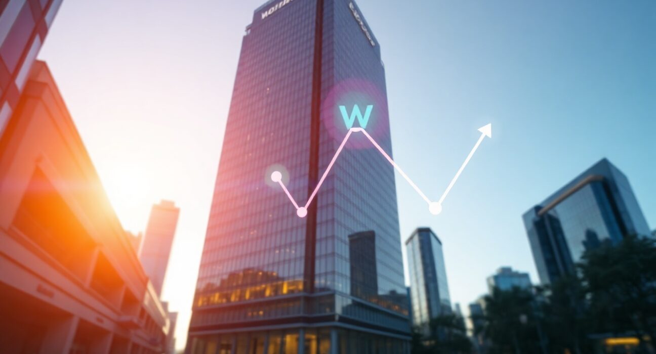 A modern financial building with a digital overlay of a rising graph and crypto symbols, representing a major token transfer.