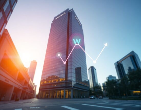A modern financial building with a digital overlay of a rising graph and crypto symbols, representing a major token transfer.