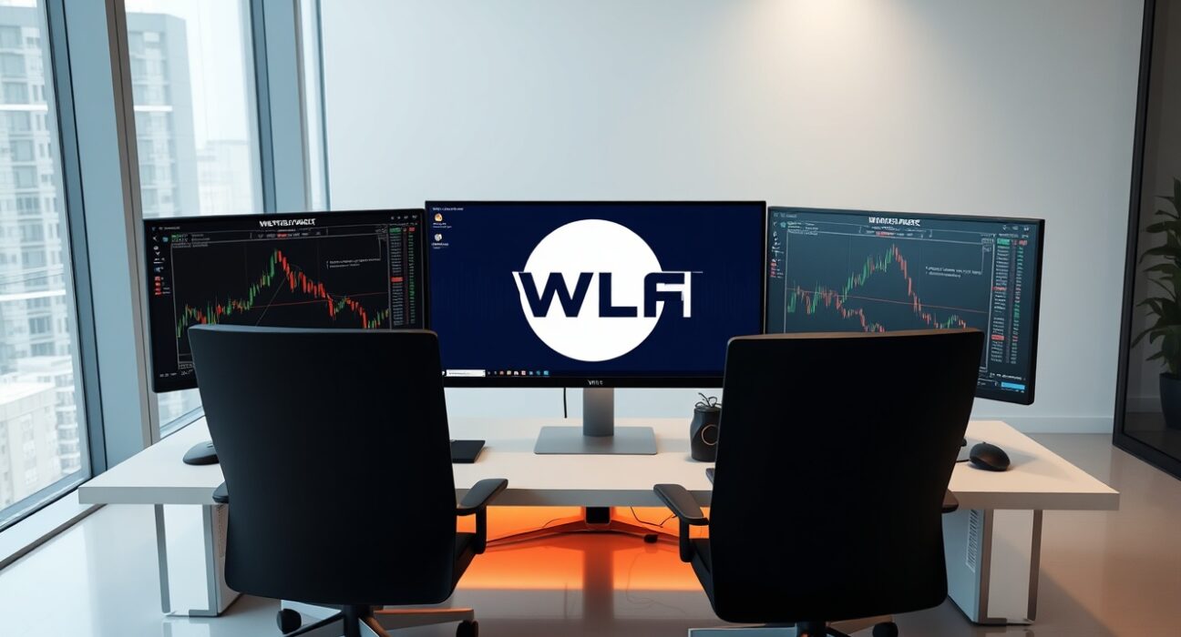 Financial trading desk with cryptocurrency charts and WLFI logo on monitors