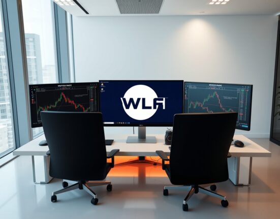 Financial trading desk with cryptocurrency charts and WLFI logo on monitors