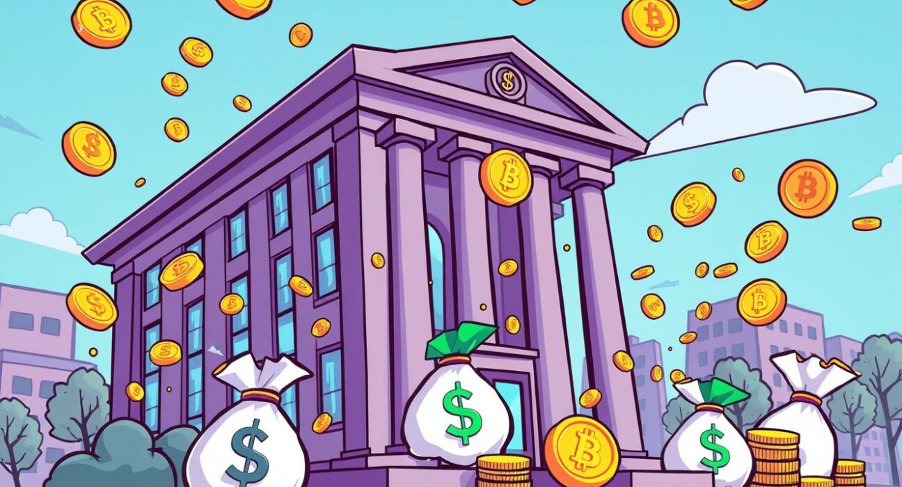 World Liberty Financial WLFI token purchase shown as animated coins flowing into financial institution