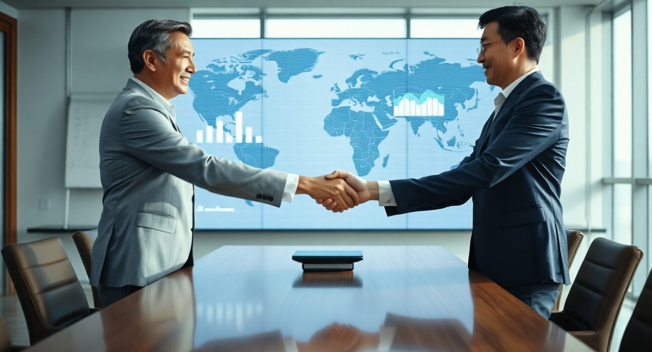 Handshake between Western and Chinese executives in a modern boardroom with digital data screens