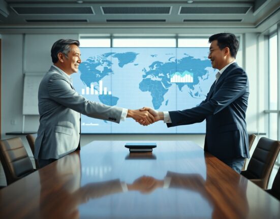 Handshake between Western and Chinese executives in a modern boardroom with digital data screens