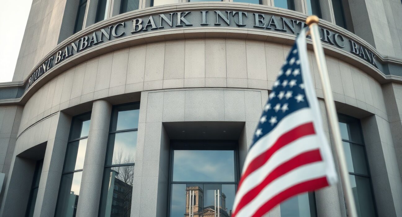 Exterior of a modern bank building with an American flag, symbolizing the conditional approval of World Liberty Trust's bank charter.