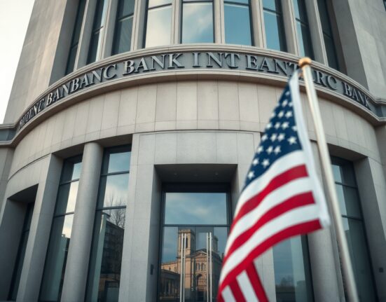 Exterior of a modern bank building with an American flag, symbolizing the conditional approval of World Liberty Trust's bank charter.