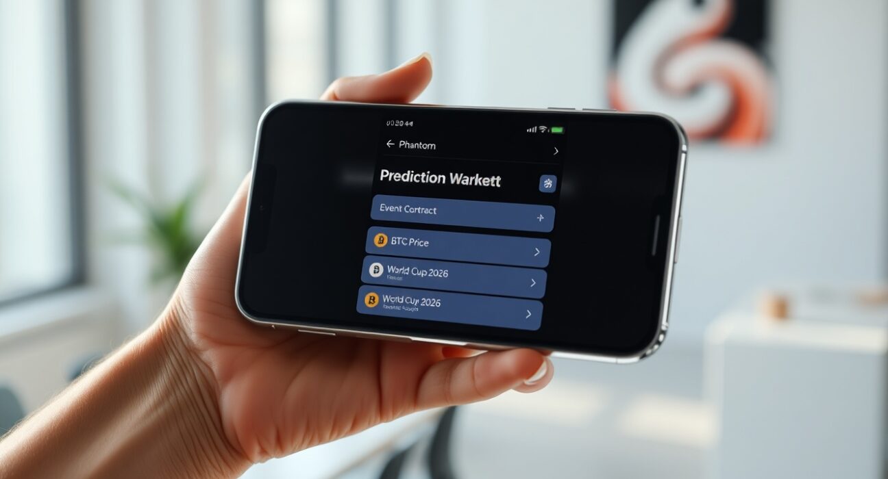 Phantom wallet interface showing prediction market contracts on a smartphone in a bright office setting