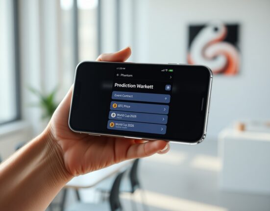 Phantom wallet interface showing prediction market contracts on a smartphone in a bright office setting