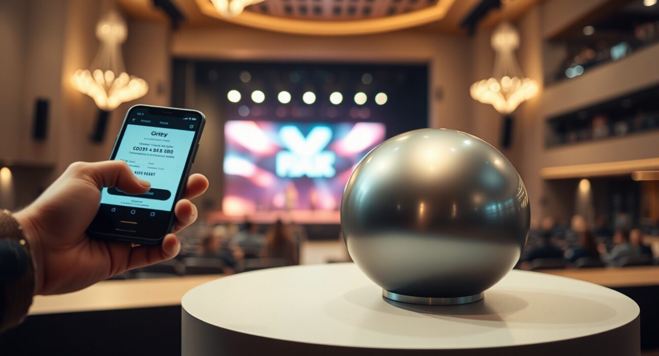 World Orb device and smartphone displaying a verified ticket code for a Thirty Seconds to Mars concert.