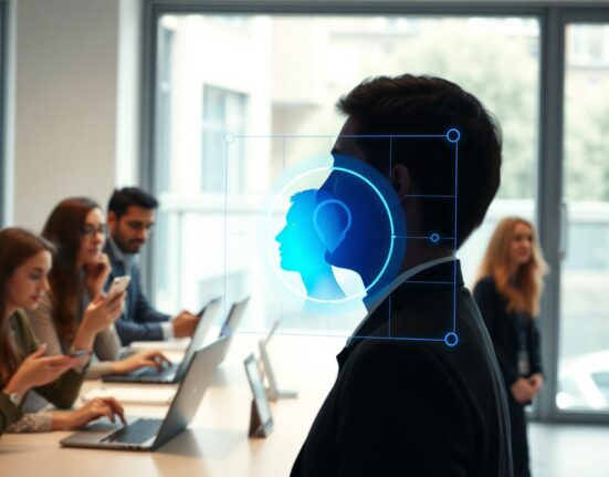 Digital interface showing a glowing World ID verification badge over a human silhouette in a modern tech office.