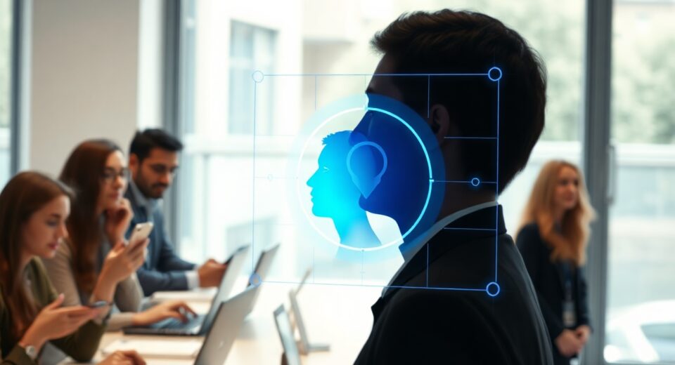 Digital interface showing a glowing World ID verification badge over a human silhouette in a modern tech office.