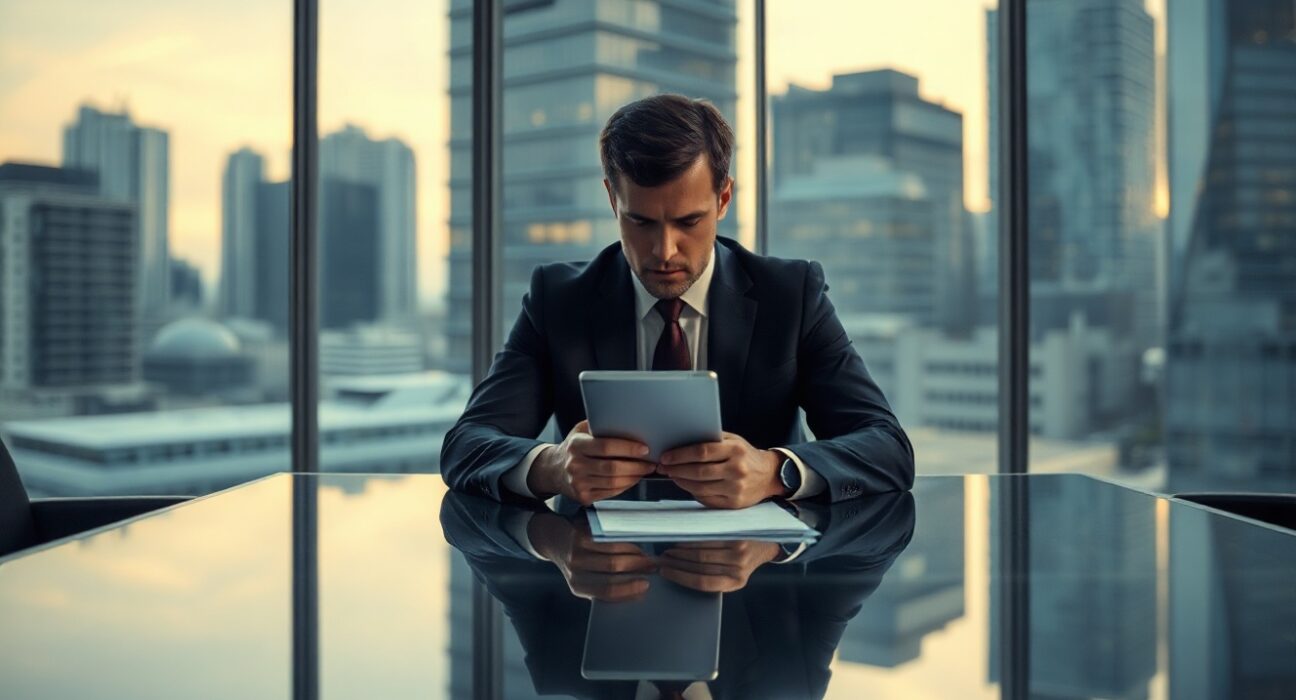Investigator reviewing documents in a modern boardroom, representing the internal probe into Worldcoin developer.