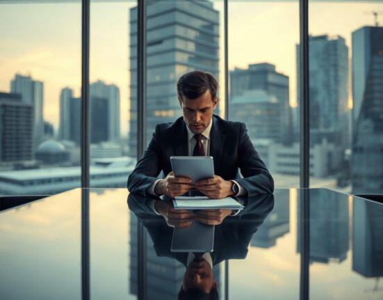 Investigator reviewing documents in a modern boardroom, representing the internal probe into Worldcoin developer.